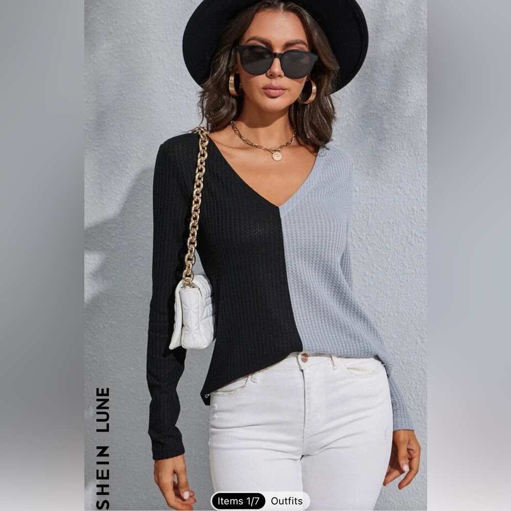 SHEIN-Two tone V neck long sleeve tshirt